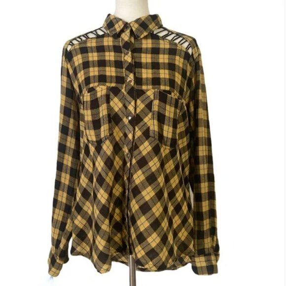 Free People Gauzy Plaid Lace-Up Button Down Shirt Size Large - Picture 3 of 12